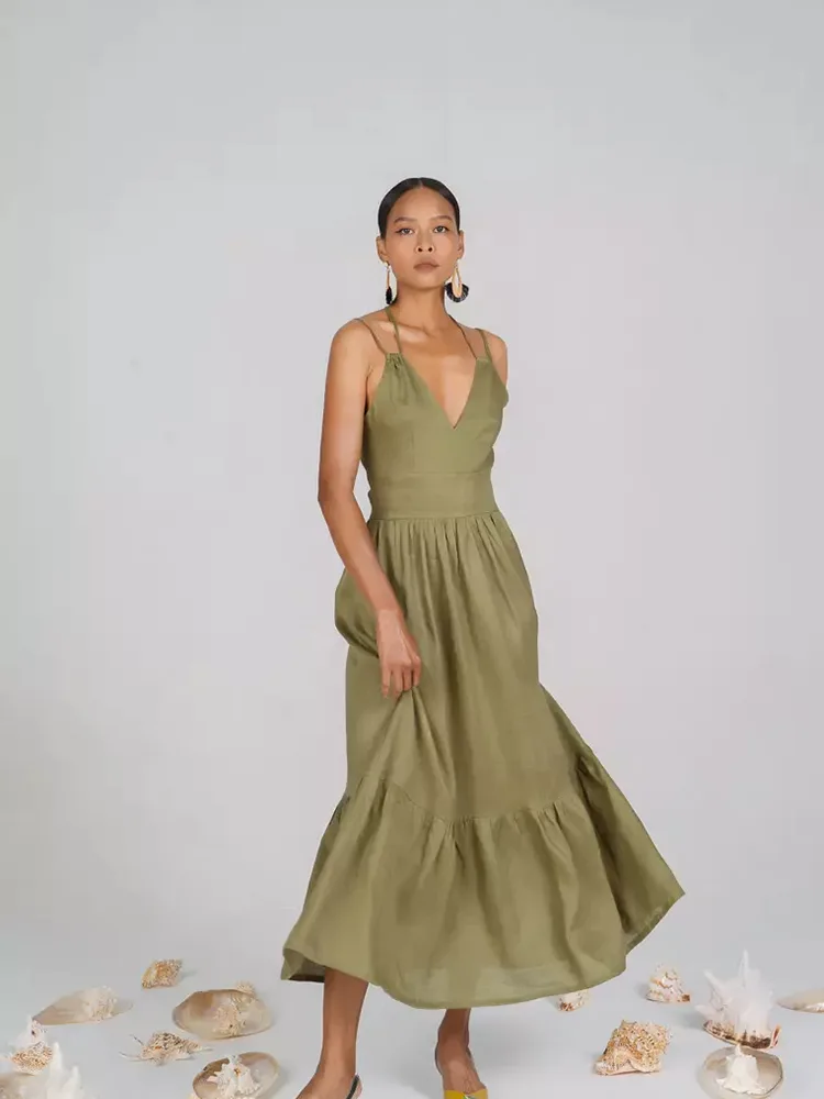 O que torna a Lady Deep em V Dress de linho casual de pescoço em V especial?