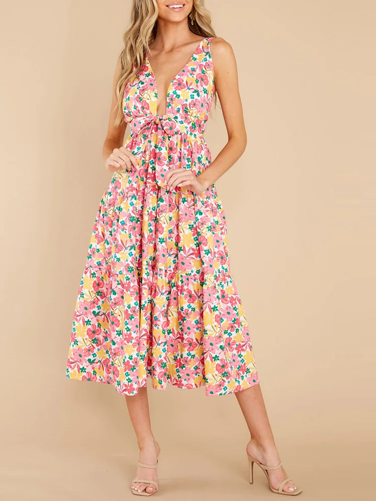 Vestidos casuais Boho com estampa floral de verão