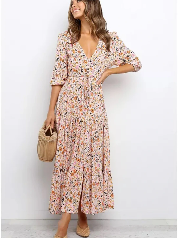 Vestido longo estampado de verão com decote em V