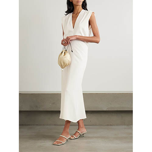 Vestido midi sob medida marfim sem mangas com decote em V profundo